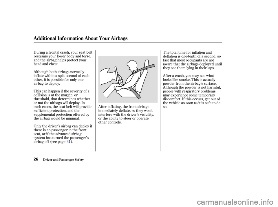 HONDA ODYSSEY 2004 RB1-RB2 / 3.G User Guide During a f rontal crash, your seat belt
restrains your lower body and torso,
and the airbag helps protect your
head and chest.
This can happen if the severity of a
collision is at the margin, or
thres