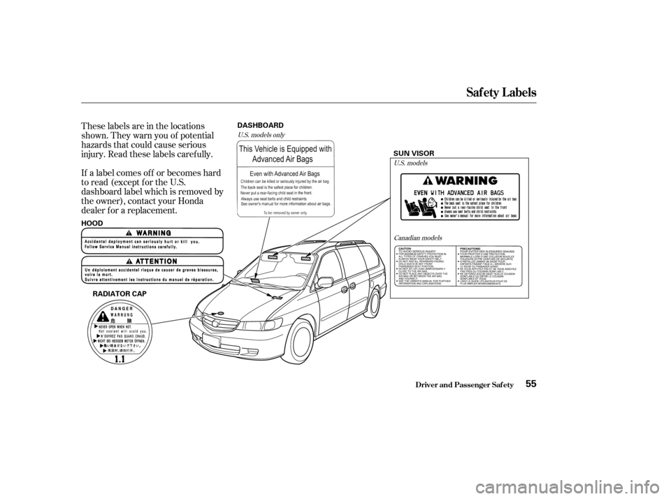 HONDA ODYSSEY 2004 RB1-RB2 / 3.G Owners Manual These labels are in the locations
shown. They warn you of potential
hazards that could cause serious
injury. Read these labels caref ully.
If a label comes of f or becomes hard
to read (except for the