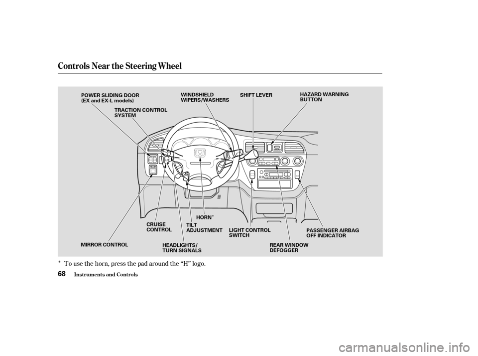 HONDA ODYSSEY 2004 RB1-RB2 / 3.G Owners Manual Î
Î
To use the horn, press the pad around the ‘‘H’’ logo.
Controls Near the Steering Wheel
Inst rument s and Cont rols68
REAR WINDOW
DEFOGGER
LIGHT CONTROL
SWITCH
HORN
TILT
ADJUSTMENT
HEAD