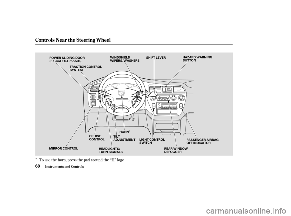 HONDA ODYSSEY 2004 RB1-RB2 / 3.G Manual PDF Î
Î
To use the horn, press the pad around the ‘‘H’’ logo.
Controls Near the Steering Wheel
Inst rument s and Cont rols68
REAR WINDOW
DEFOGGER
LIGHT CONTROL
SWITCH
HORN
TILT
ADJUSTMENT
HEAD