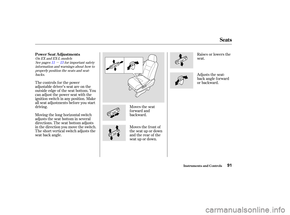 HONDA ODYSSEY 2004 RB1-RB2 / 3.G User Guide µ
Moves the seat
forward and
backward.Raises or lowers the
seat.
The controls f or the power
adjustable driver’s seat are on the
outside edge of the seat bottom. You
can adjust the power seat with