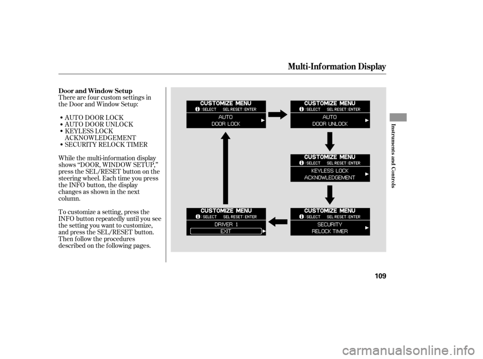 HONDA ODYSSEY 2005 RB1-RB2 / 3.G Owners Manual There are f our custom settings in
the Door and Window Setup:
While the multi-information display
shows ‘‘DOOR, WINDOW SETUP,’’
press the SEL/RESET button on the
steering wheel. Each time you 