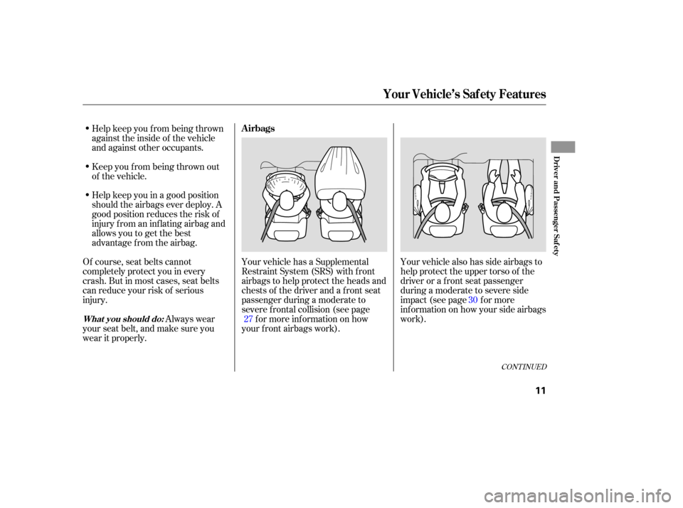 HONDA ODYSSEY 2005 RB1-RB2 / 3.G User Guide CONT INUED
Your vehicle also has side airbags to
help protect the upper torso of the
driver or a f ront seat passenger
during a moderate to severe side
impact (see page f or more
information on how yo