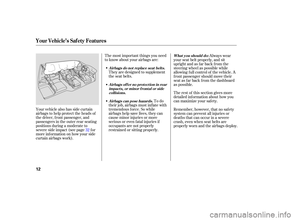 HONDA ODYSSEY 2005 RB1-RB2 / 3.G User Guide The rest of this section gives more
detailed inf ormation about how you
can maximize your saf ety.
The most important things you need
to know about your airbags are:
They are designed to supplement
th