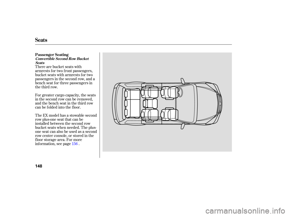 HONDA ODYSSEY 2005 RB1-RB2 / 3.G Owners Manual There are bucket seats with
armrests for two front passengers,
bucket seats with armrests for two
passengers in the second row, and a
bench seat f or three passengers in
the third row.
For greater car