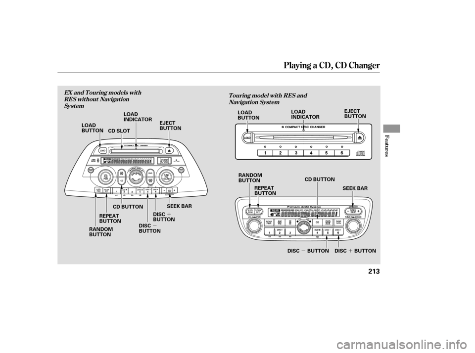 HONDA ODYSSEY 2005 RB1-RB2 / 3.G Owners Manual ´
µ
´
µ
Playing a CD, CD Changer
Features
T ouring model wit h RES and
Navigat ion Syst em
EX and T ouring models wit h
RES without NavigationSyst em
213
SEEK BAR
EJECT
BUTTON
RANDOM
BUTTON RE