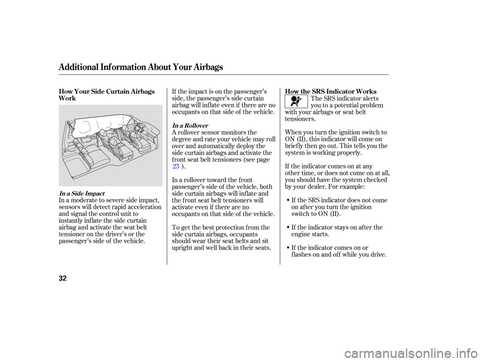 HONDA ODYSSEY 2005 RB1-RB2 / 3.G Owners Manual If the impact is on the passenger’s
side, the passenger’s side curtain
airbag will inflate even if there are no
occupants on that side of the vehicle.When you turn the ignition switch to
ON (II), HONDA ODYSSEY 2005 RB1-RB2 / 3.G Owners Manual If the impact is on the passenger’s
side, the passenger’s side curtain
airbag will inflate even if there are no
occupants on that side of the vehicle.When you turn the ignition switch to
ON (II),