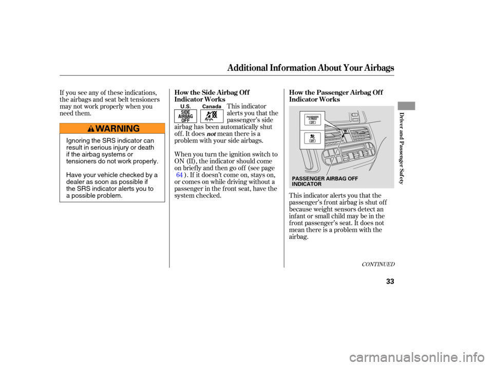 HONDA ODYSSEY 2005 RB1-RB2 / 3.G Owners Guide CONT INUED
This indicator
alerts you that the
passenger’s side
airbag has been automatically shut
of f . It does mean there is a
problem with your side airbags.
This indicator alerts you that the
pa