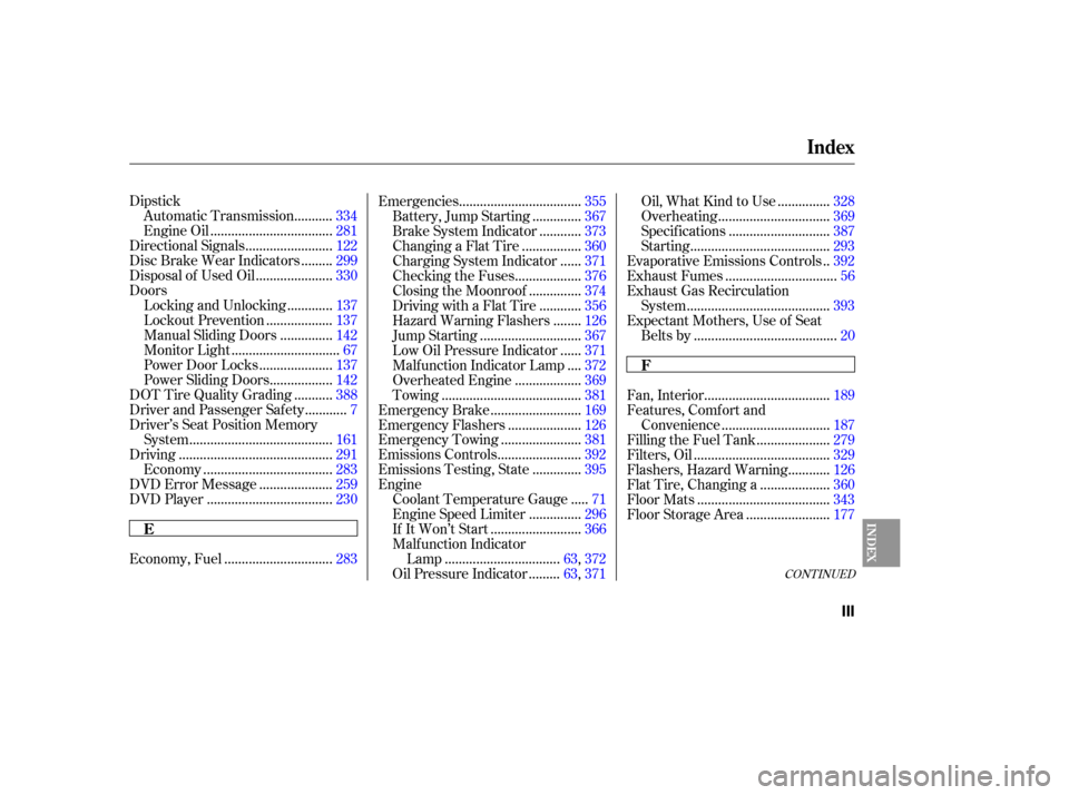 HONDA ODYSSEY 2005 RB1-RB2 / 3.G Owners Manual CONT INUED
Dipstick..........
Automatic Transmission . 334
..................................
Engine Oil .281
........................
Directional Signals .122
........
Disc Brake Wear Indicators . 29