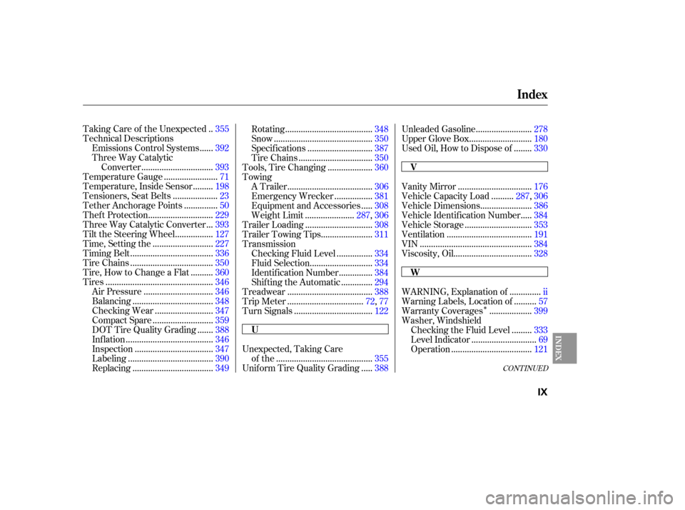 HONDA ODYSSEY 2005 RB1-RB2 / 3.G Owners Manual Î
CONT INUED
.
Taking Care of the Unexpected . 355
Technical Descriptions .....
Emissions Control Systems . 392
Three Way Catalytic ...............................
Converter .393
...................