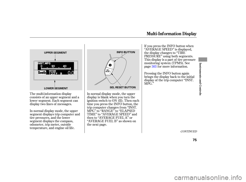 HONDA ODYSSEY 2005 RB1-RB2 / 3.G Owners Manual If you press the INFO button when
‘‘AVERAGE SPEED’’ is displayed,
the display changes to ‘‘TIRE
PRESSURE’’ using both segments.
This display is a part of tire pressure
monitoring syste