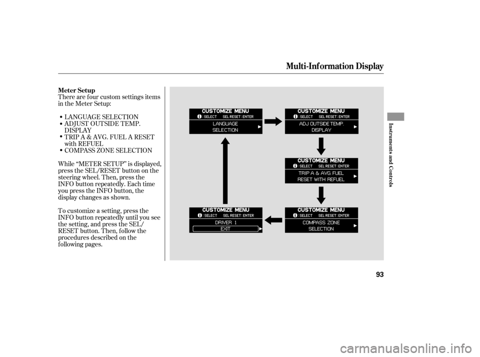 HONDA ODYSSEY 2005 RB1-RB2 / 3.G Owners Manual There are f our custom settings items
in the Meter Setup:LANGUAGE SELECTION
ADJUST OUTSIDE TEMP.
DISPLAY
TRIP A & AVG. FUEL A RESET
with REFUEL
COMPASS ZONE SELECTION
While ‘‘METER SETUP’’ is 
