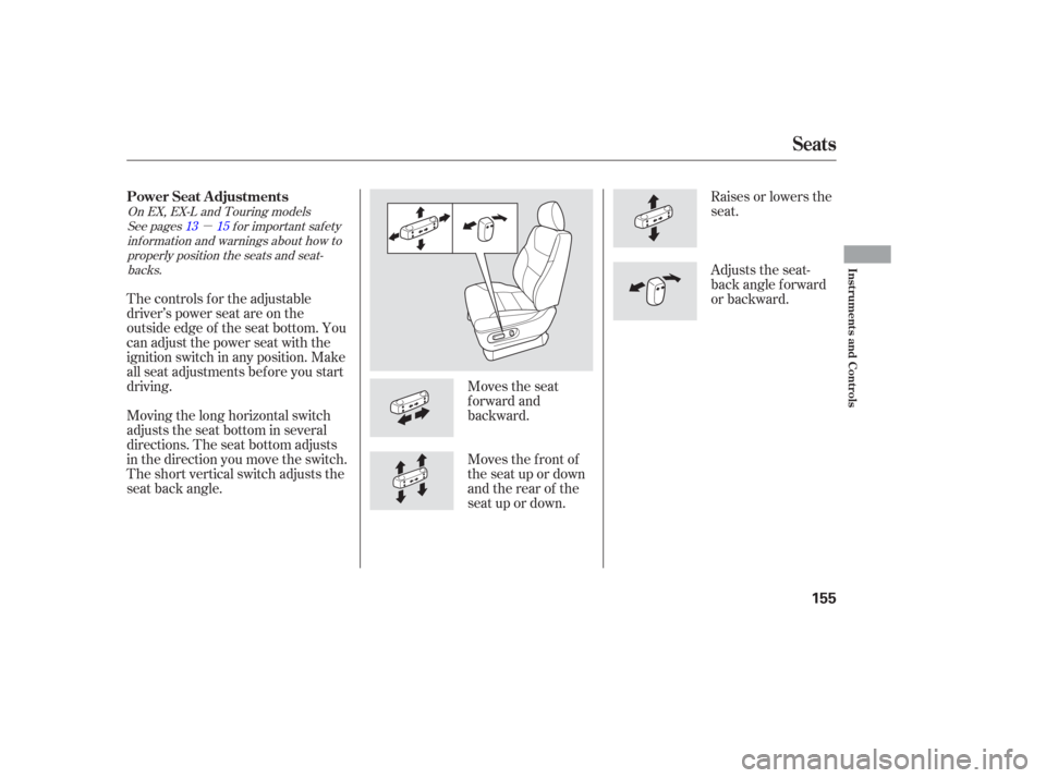 HONDA ODYSSEY 2006 RB1-RB2 / 3.G Owners Manual µ
Moves the seat
forward and
backward.Raises or lowers the
seat.
The controls f or the adjustable
driver’s power seat are on the
outside edge of the seat bottom. You
can adjust the power seat with