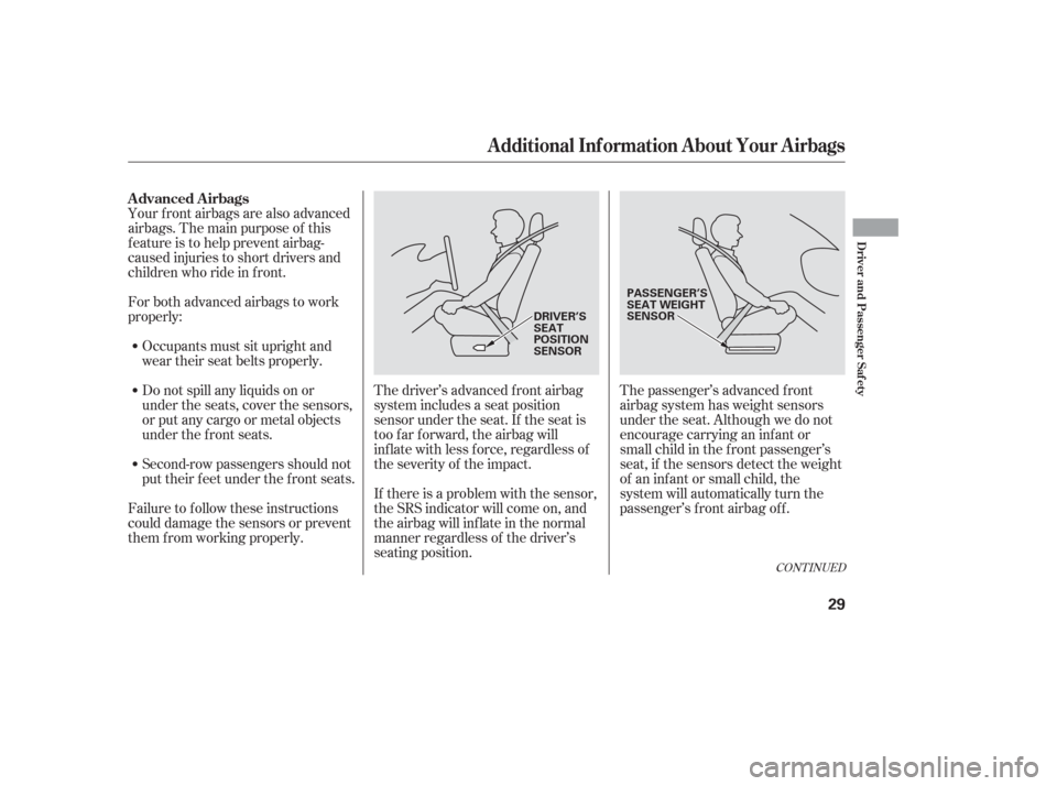 HONDA ODYSSEY 2006 RB1-RB2 / 3.G Owners Manual CONT INUED
The driver’s advanced front airbag
system includes a seat position
sensor under the seat. If the seat is
too f ar f orward, the airbag will
inf late with less f orce, regardless of
the se