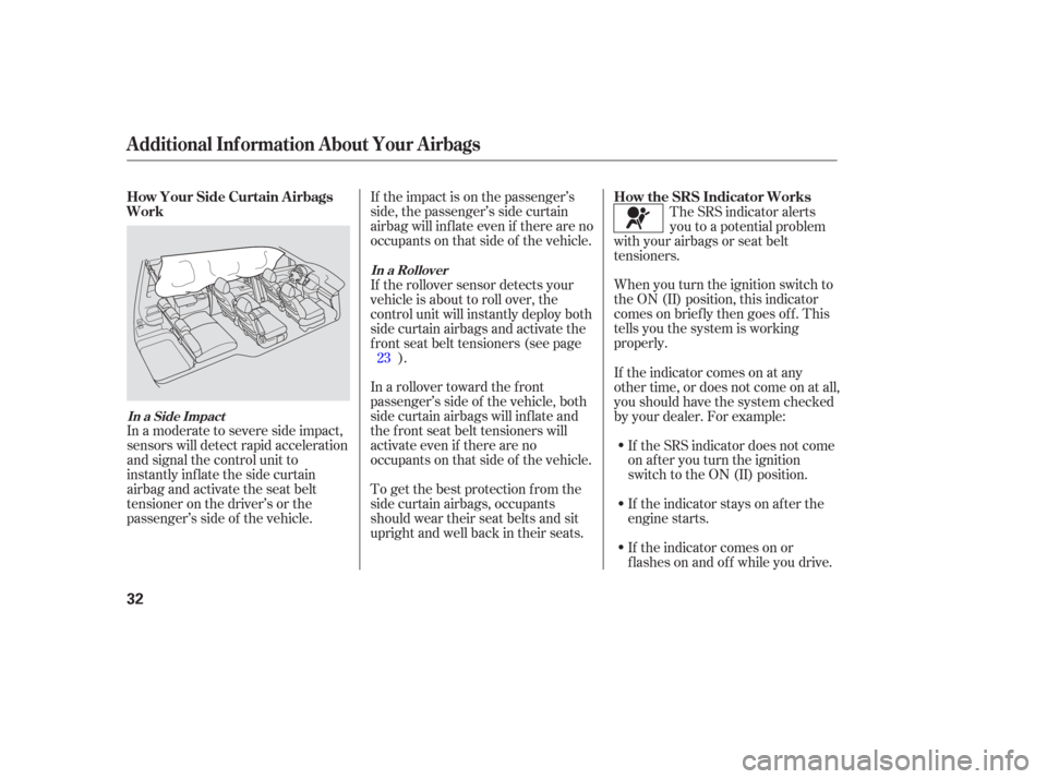 HONDA ODYSSEY 2006 RB1-RB2 / 3.G Owners Manual If the impact is on the passenger’s
side, the passenger’s side curtain
airbag will inflate even if there are no
occupants on that side of the vehicle.When you turn the ignition switch to
the ON (I