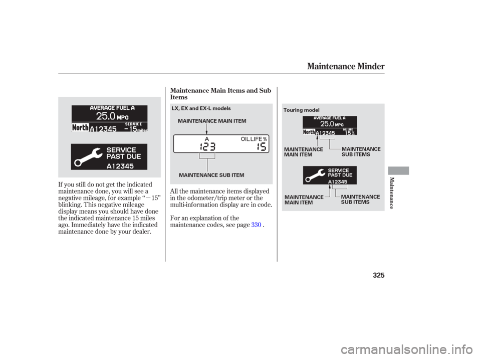 HONDA ODYSSEY 2006 RB1-RB2 / 3.G Owners Manual µAll the maintenance items displayed
in the odometer/trip meter or the
multi-inf ormation display are in code.
If you still do not get the indicated
maintenance done, you will see a
negative mileage