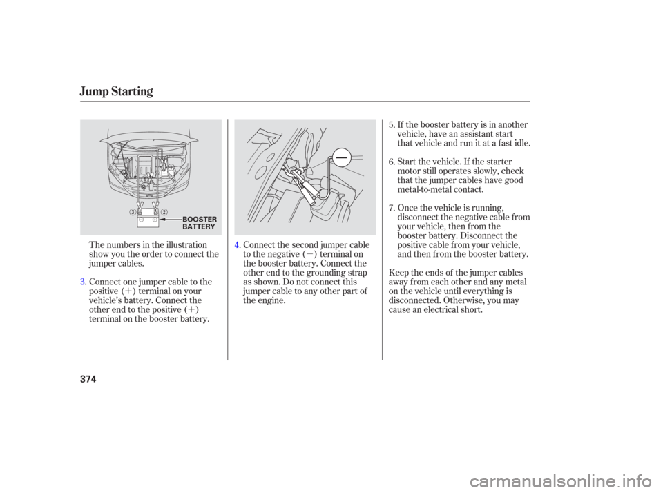 HONDA ODYSSEY 2006 RB1-RB2 / 3.G Owners Guide µ
´ ´
If the booster battery is in another
vehicle, have an assistant start
that vehicle and run it at a fast idle.
Start the vehicle. If the starter
motor still operates slowly, check
that the 