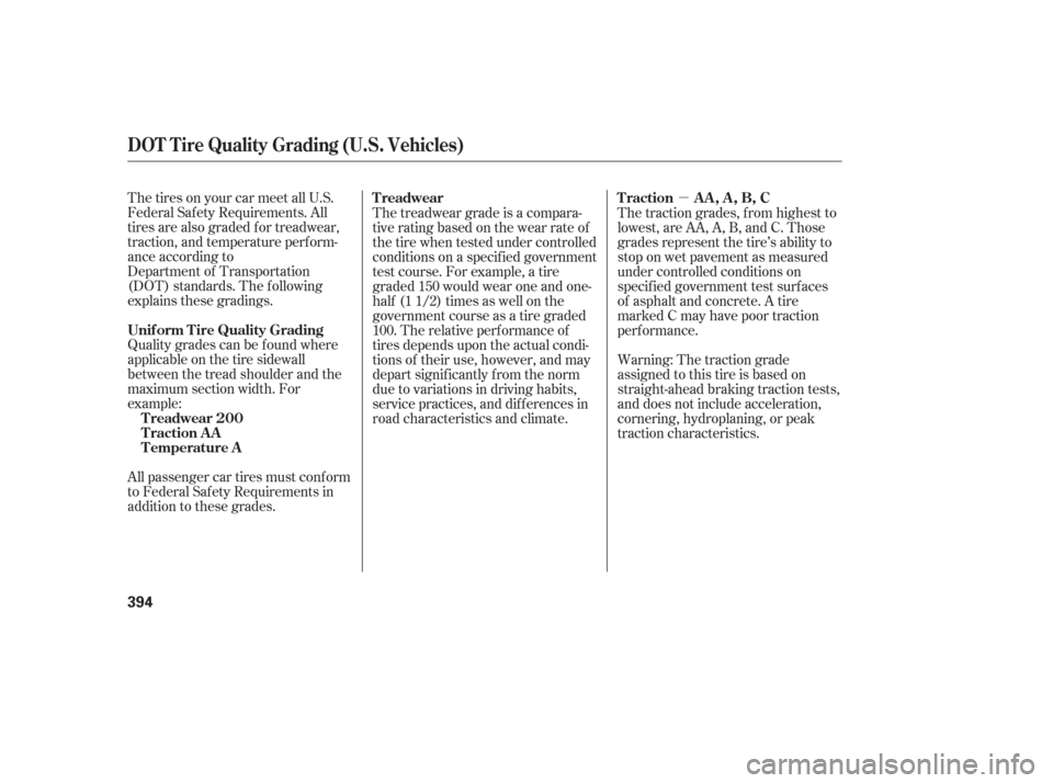 HONDA ODYSSEY 2006 RB1-RB2 / 3.G Owners Manual µ
The tires on your car meet all U.S.
Federal Saf ety Requirements. All
tires are also graded for treadwear,
traction, and temperature perform-
ance according to
Department of Transportation
(DOT) s