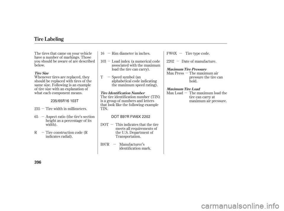 HONDA ODYSSEY 2006 RB1-RB2 / 3.G Owners Manual µµ
µ
µ
µ
µ µ
µ
µ
µ
µ
µ
The tires that came on your vehicle
have a number of markings. Those
you should be aware of are described
below.
Whenever tires are replaced, they
should