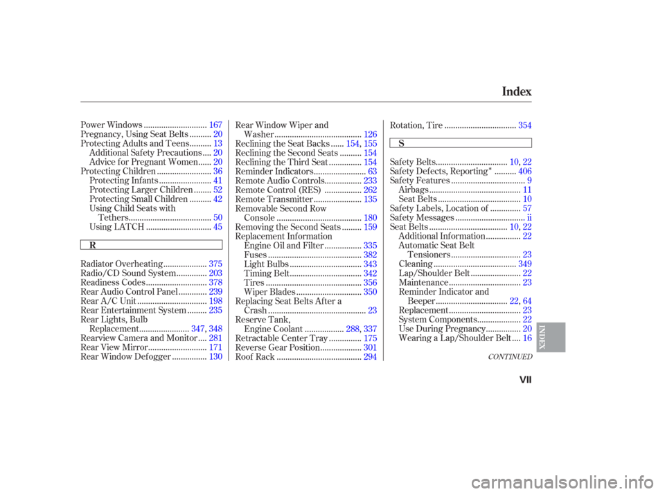 HONDA ODYSSEY 2006 RB1-RB2 / 3.G Owners Manual Î
CONT INUED
............................
Power Windows .167
.........
Pregnancy, Using Seat Belts .20
.........
Protecting Adults and Teens .13
...
Additional Safety Precautions .20
.....
Advice f 