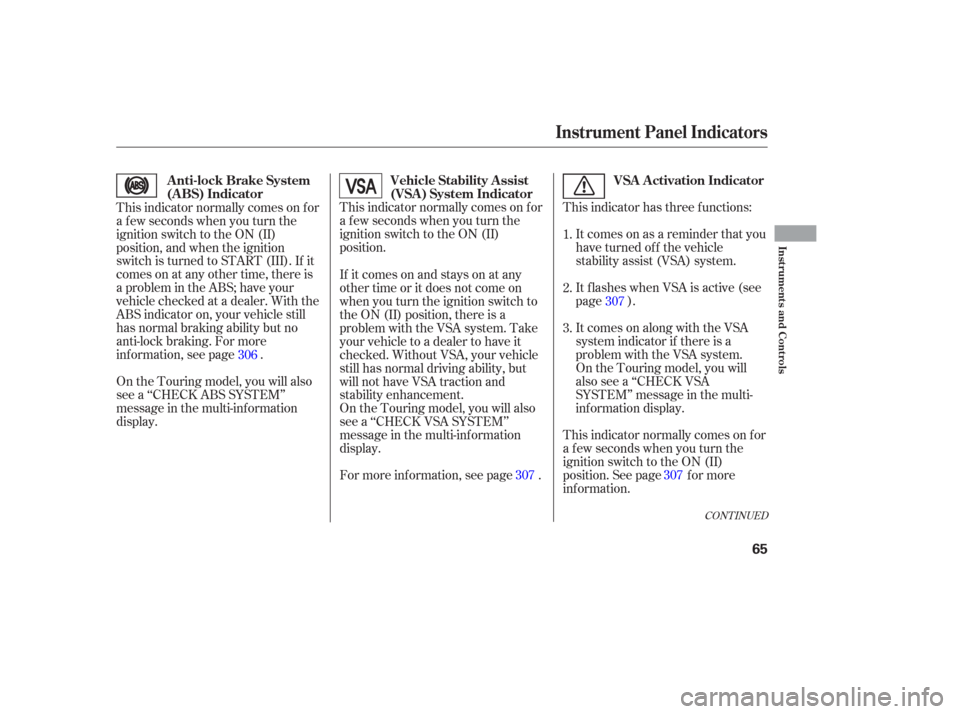 HONDA ODYSSEY 2006 RB1-RB2 / 3.G Owners Manual CONT INUED
This indicator has three f unctions:It comes on as a reminder that you
have turned off the vehicle
stability assist (VSA) system.
It flashes when VSA is active (see
page ).
On the Touring m
