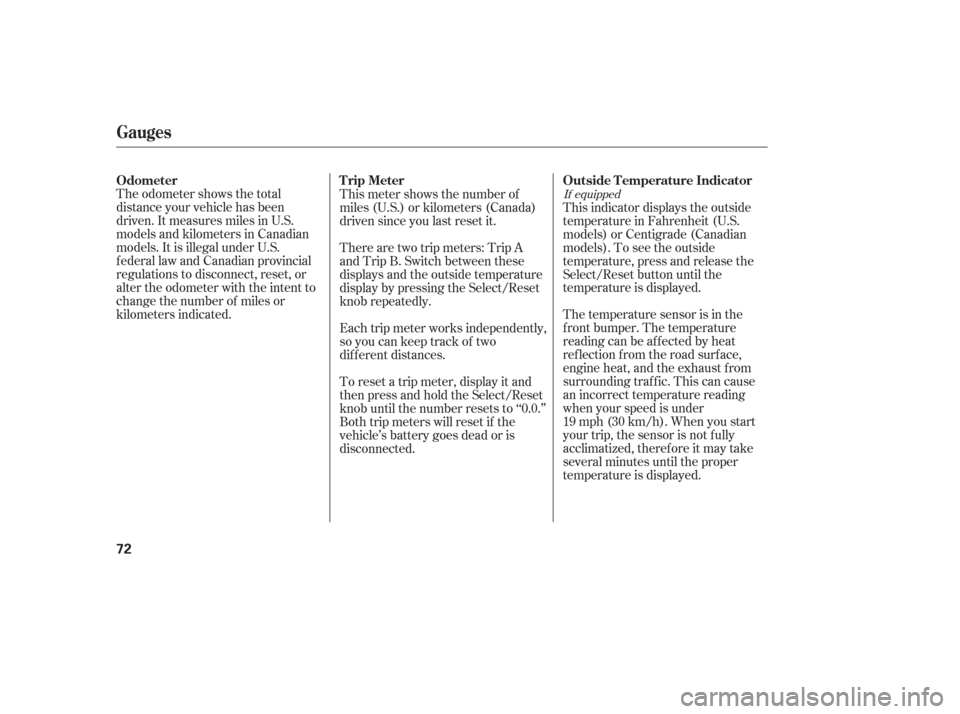 HONDA ODYSSEY 2006 RB1-RB2 / 3.G Owners Manual The odometer shows the total
distance your vehicle has been
driven. It measures miles in U.S.
models and kilometers in Canadian
models. It is illegal under U.S.
federal law and Canadian provincial
reg