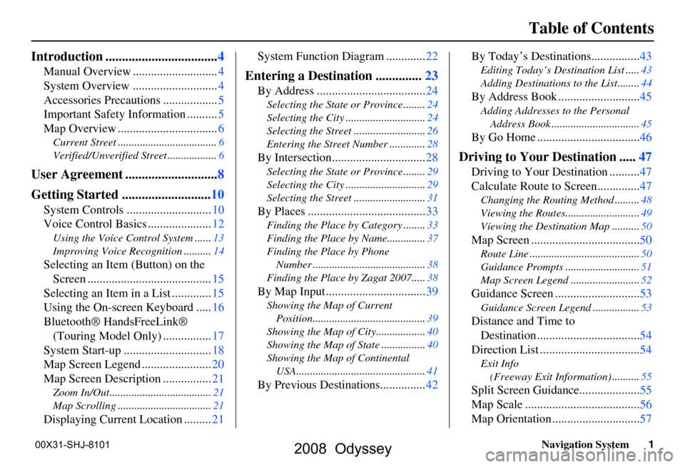 HONDA ODYSSEY 2008 RB1-RB2 / 3.G Navigation Manual Navigation System1
Table of Contents
Introduction .................................. 4
Manual Overview ............................ 4
System Overview ............................ 4
Accessories Precaut