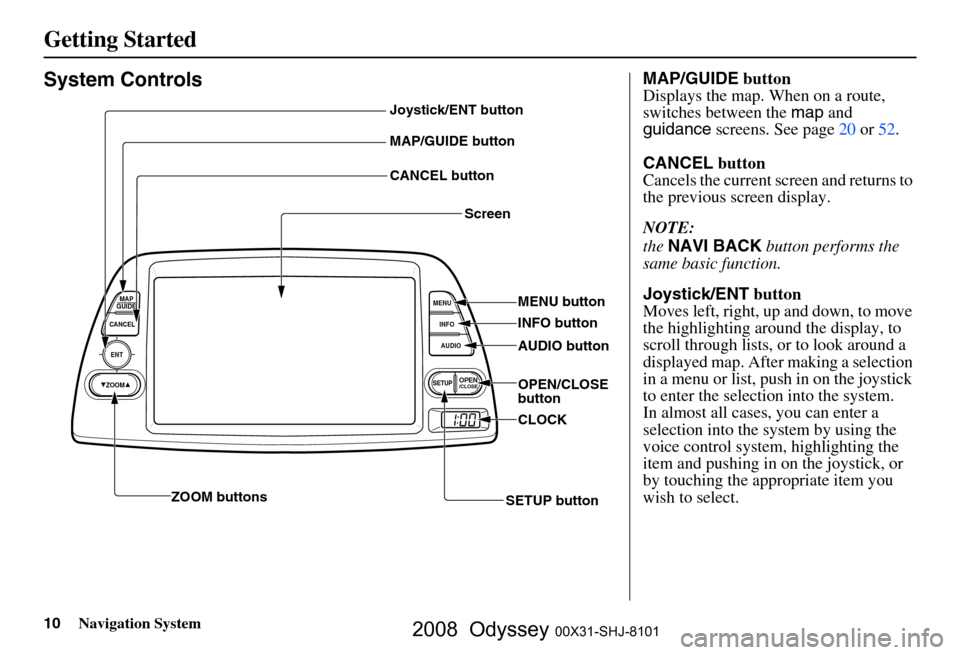 HONDA ODYSSEY 2008 RB1-RB2 / 3.G Navigation Manual 
10Navigation System
Getting Started
System Controls
ENT
CANCELMAP
GUIDE
MENU
INFO
AUDIO
SETUPOPEN/CLOSEZOOM
Joystick/ENT button
MAP/GUIDE button
CANCEL button Screen
MENU button
INFO button
AUDIO but