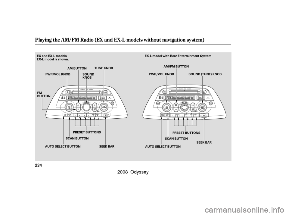 HONDA ODYSSEY 2008 RB1-RB2 / 3.G Owners Manual Playing the AM/FM Radio (EX and EX-L models without navigation system)
234
PRESET BUTTONS
PRESET BUTTONS
PWR/VOL KNOB
AUTO SELECT BUTTON AUTO SELECT BUTTONSCAN BUTTON
FM
BUTTON
SOUND
KNOB
TUNE KNOB
SC