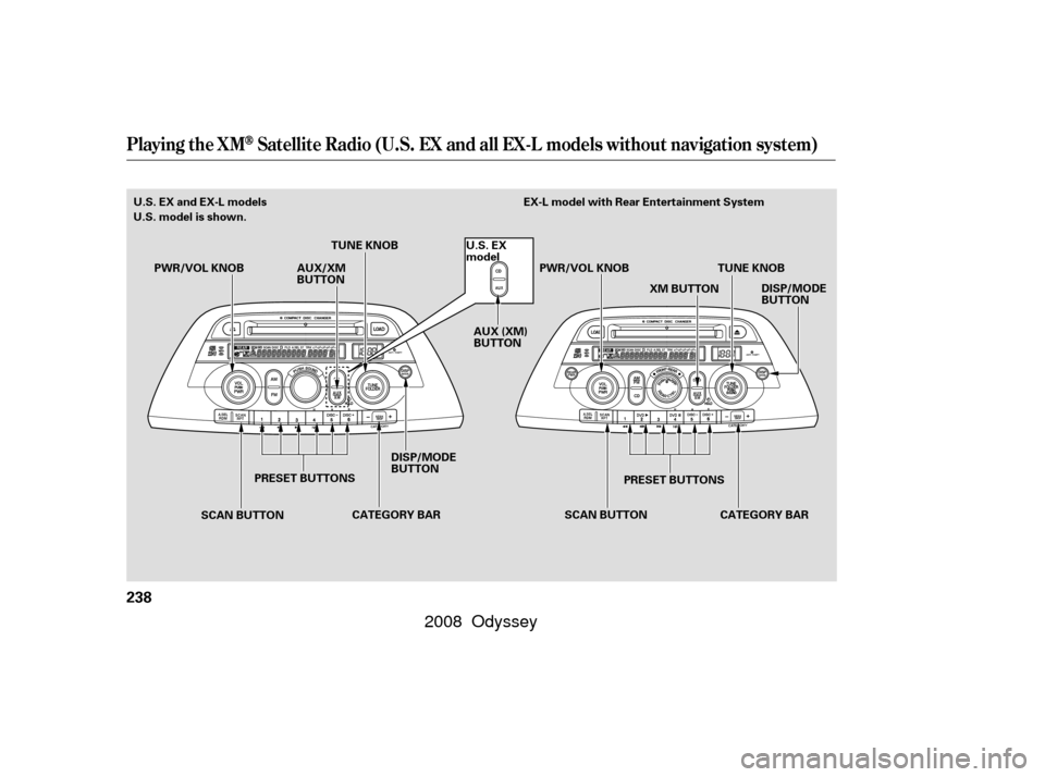 HONDA ODYSSEY 2008 RB1-RB2 / 3.G Owners Manual Playing the XMSatellite Radio (U.S. EX and all EX-L models without navigation system)
238
PRESET BUTTONS
PRESET BUTTONS TUNE KNOB
PWR/VOL KNOB
TUNE KNOB
U.S. EX and EX-L models
U.S. model is shown. EX