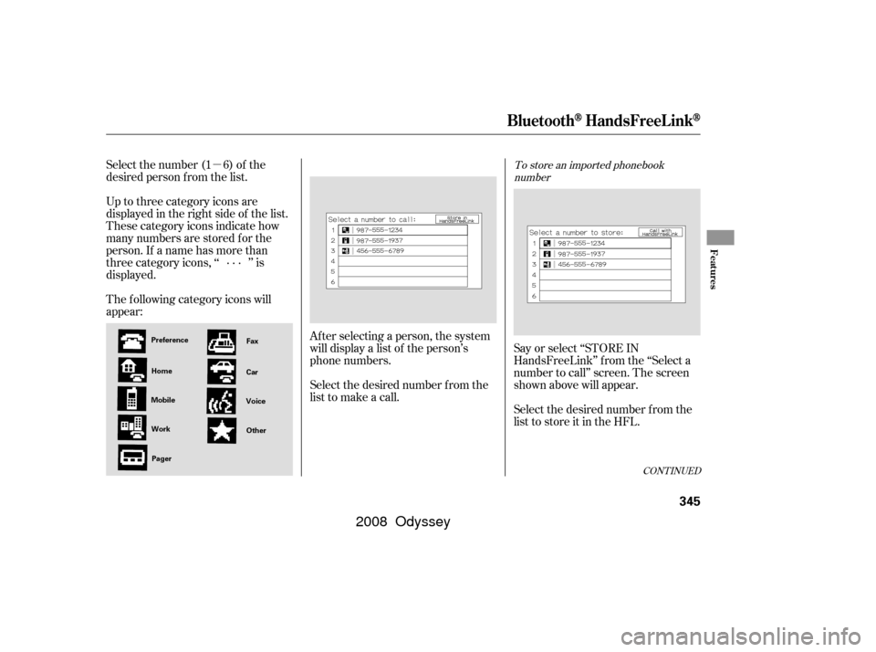 HONDA ODYSSEY 2008 RB1-RB2 / 3.G Owners Manual µ
Select the number (1 6) of the
desired person f rom the list.
Up to three category icons are
displayed in the right side of the list.
These category icons indicate how
many numbers are stored f or