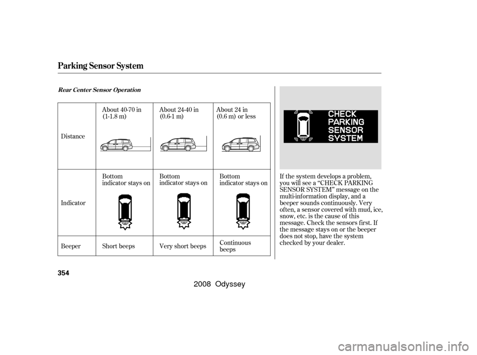 HONDA ODYSSEY 2008 RB1-RB2 / 3.G Owners Manual If the system develops a problem,
you will see a ‘‘CHECK PARKING
SENSOR SYSTEM’’ message on the
multi-inf ormation display, and a
beeper sounds continuously. Very
of ten, a sensor covered with