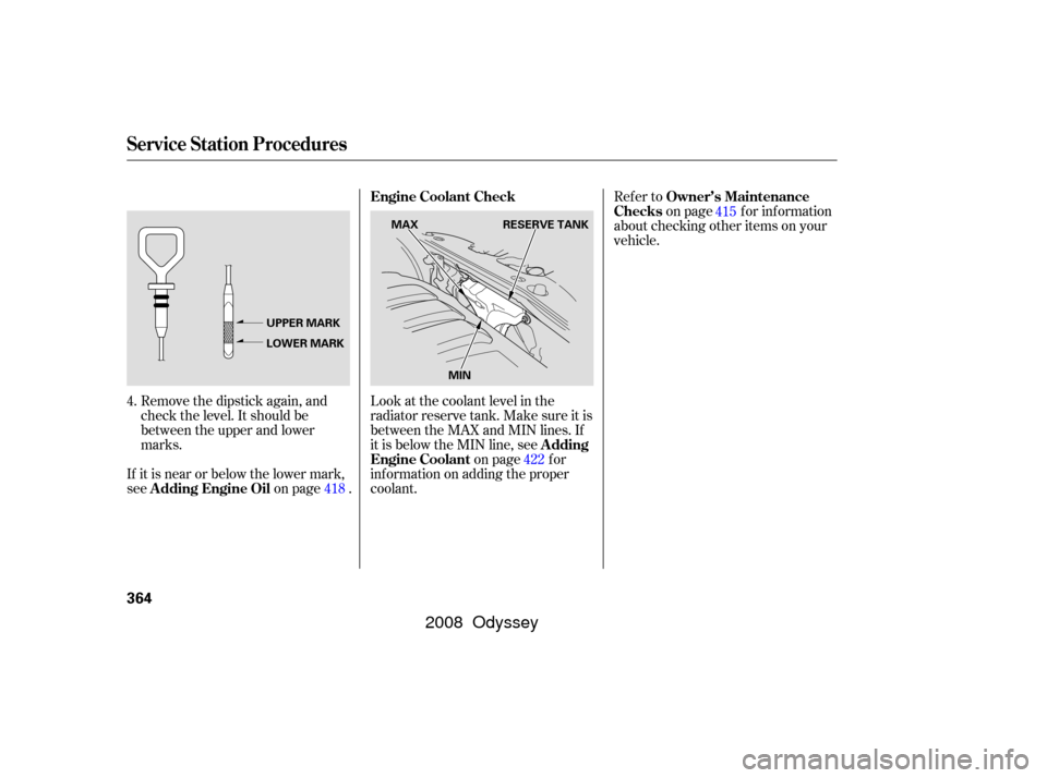 HONDA ODYSSEY 2008 RB1-RB2 / 3.G User Guide Refer toon page f or inf ormation
about checking other items on your
vehicle.
Look at the coolant level in the
radiator reserve tank. Make sure it is
between the MAX and MIN lines. If
it is below the 