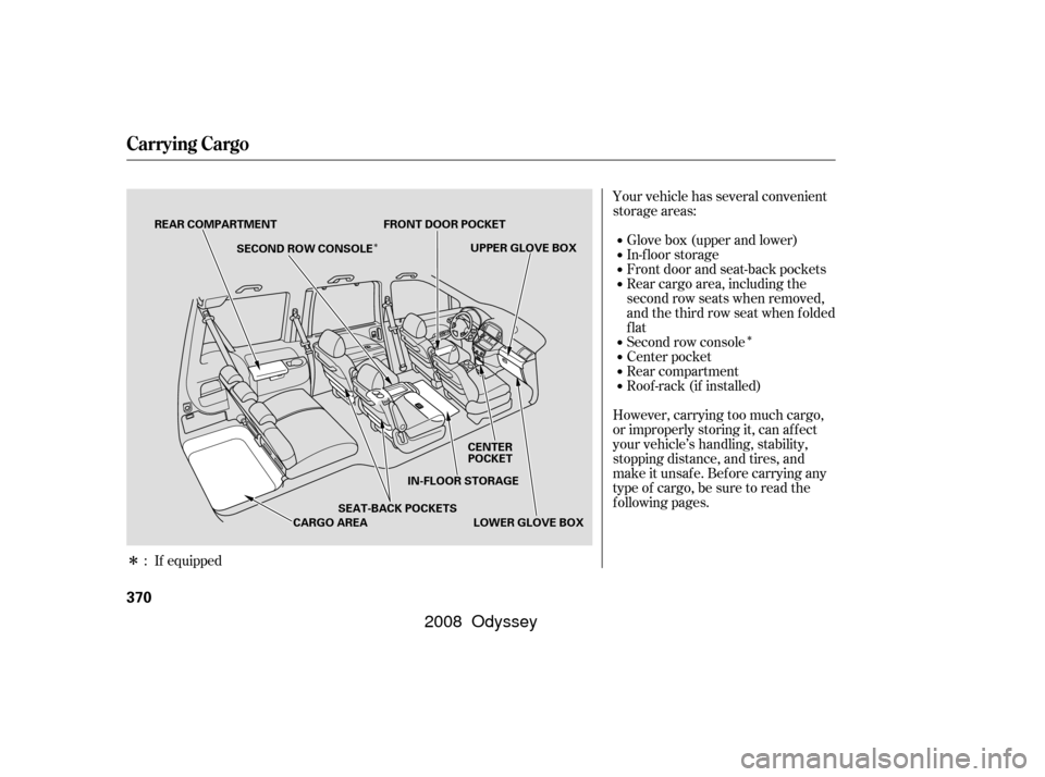 HONDA ODYSSEY 2008 RB1-RB2 / 3.G Owners Manual Î
Î
Î
Your vehicle has several convenient
storage areas:Glove box (upper and lower)
In-f loor storage
Front door and seat-back pockets
Rear cargo area, including the
second row seats when remove