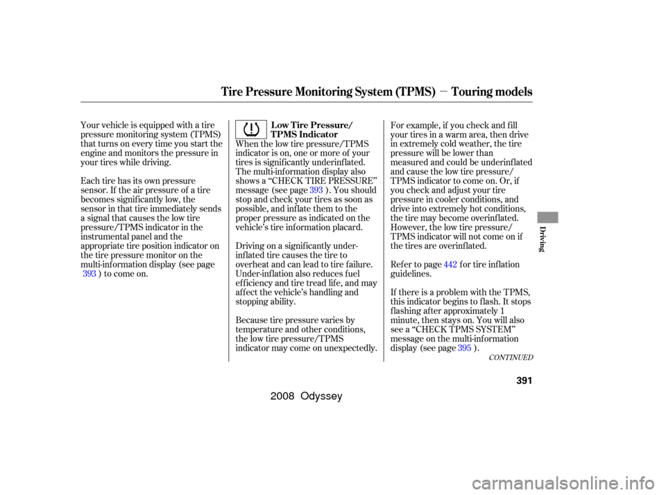 HONDA ODYSSEY 2008 RB1-RB2 / 3.G User Guide µ
Your vehicle is equipped with a tire
pressure monitoring system (TPMS)
that turns on every time you start the
engine and monitors the pressure in
your tires while driving.
Each tire has its own pr