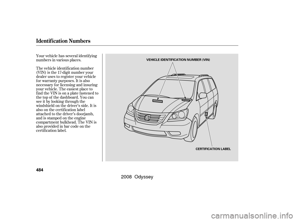 HONDA ODYSSEY 2008 RB1-RB2 / 3.G Owners Guide Your vehicle has several identif ying
numbers in various places.
The vehicle identif ication number
(VIN) is the 17-digit number your
dealer uses to register your vehicle
f or warranty purposes. It is