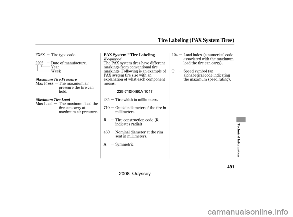 HONDA ODYSSEY 2008 RB1-RB2 / 3.G Owners Manual µ
µ µ
µ
µ
µ
µ µ
µ
µ
µ
Load index (a numerical code
associated with the maximum
load the tire can carry).
Speed symbol (an
alphabetical code indicating
the maximum speed rating).
