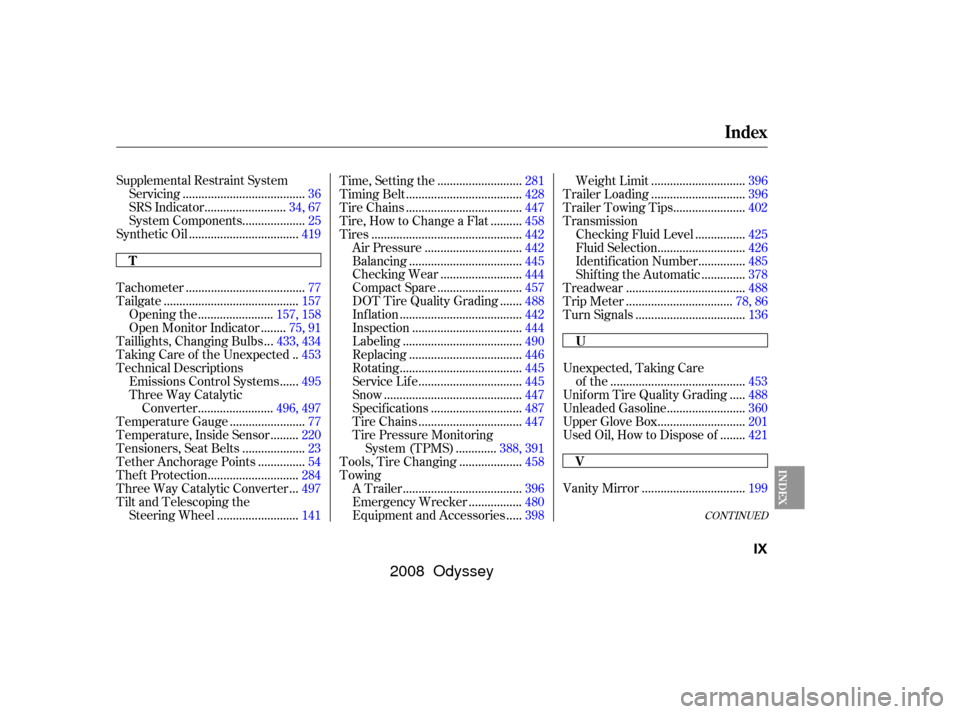 HONDA ODYSSEY 2008 RB1-RB2 / 3.G Owners Manual CONT INUED
Supplemental Restraint System......................................
Servicing .36
.........................
SRS Indicator .34, 67
...................
System Components .25
.................