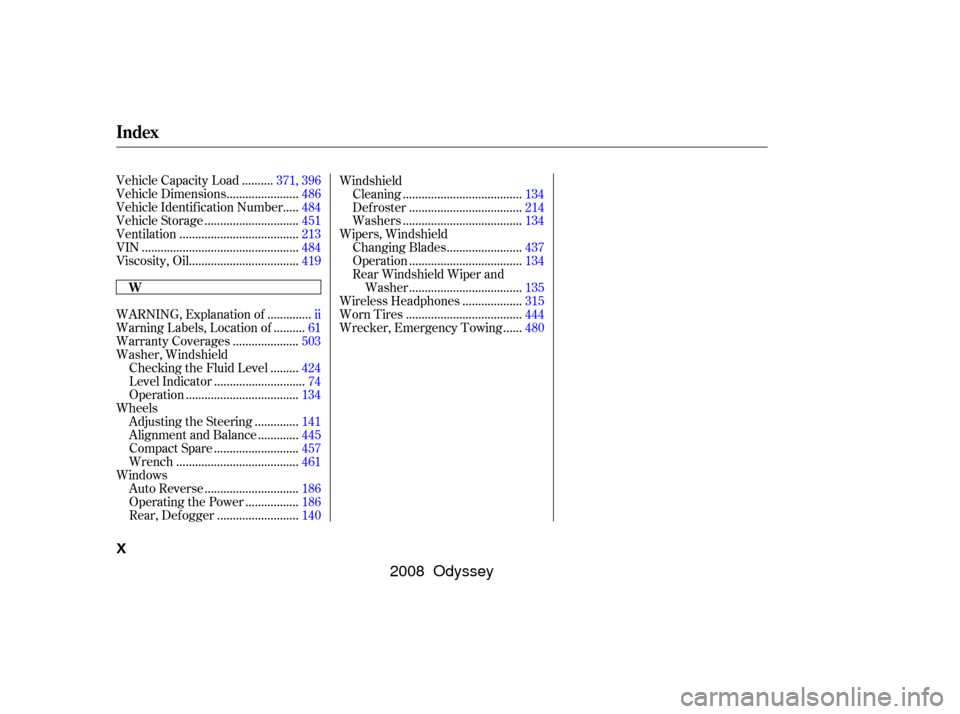 HONDA ODYSSEY 2008 RB1-RB2 / 3.G Owners Manual .............
WARNING, Explanation of . ii
.........
Warning Labels, Location of . 61
....................
Warranty Coverages .503
Washer, Windshield ........
Checking the Fluid Level . 424
..........