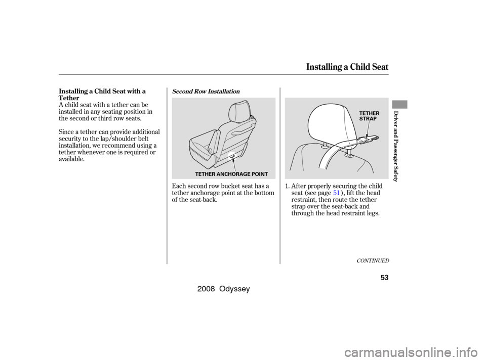 HONDA ODYSSEY 2008 RB1-RB2 / 3.G Owners Manual Each second row bucket seat has a
tether anchorage point at the bottom
of the seat-back.Af ter properly securing the child
seat (see page ), lif t the head
restraint, then route the tether
strap over 