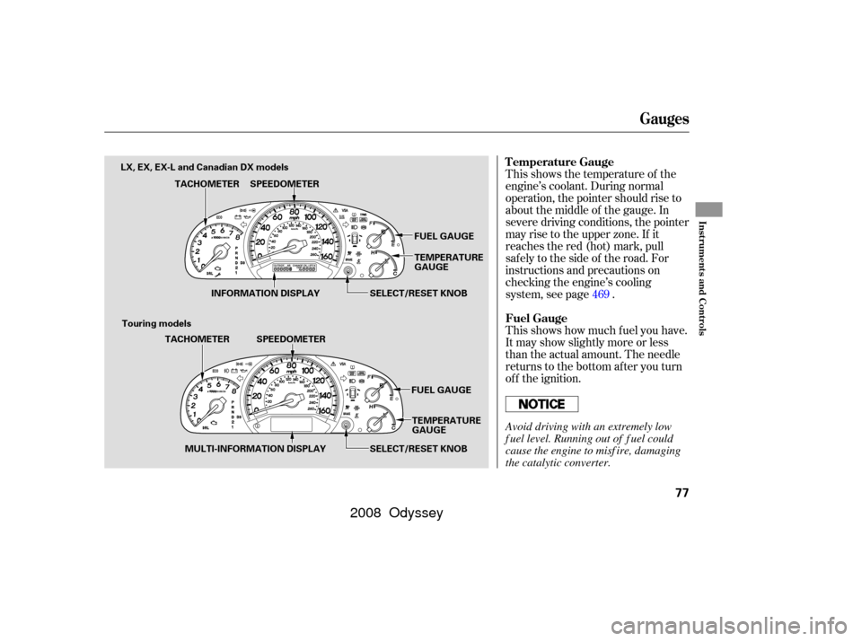 HONDA ODYSSEY 2008 RB1-RB2 / 3.G Owners Manual This shows how much f uel you have.
It may show slightly more or less
than the actual amount. The needle
returns to the bottom after you turn
of f the ignition. This shows the temperature of the
engin