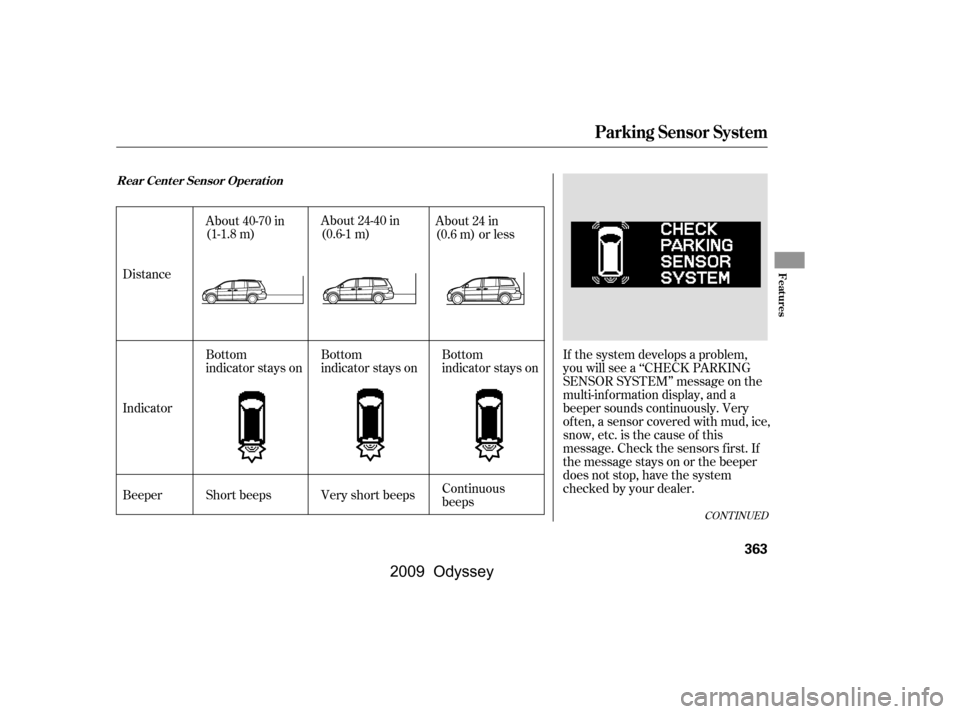 HONDA ODYSSEY 2009 RB3-RB4 / 4.G Owners Manual If the system develops a problem,
you will see a ‘‘CHECK PARKING
SENSOR SYSTEM’’ message on the
multi-inf ormation display, and a
beeper sounds continuously. Very
of ten, a sensor covered wit HONDA ODYSSEY 2009 RB3-RB4 / 4.G Owners Manual If the system develops a problem,
you will see a ‘‘CHECK PARKING
SENSOR SYSTEM’’ message on the
multi-inf ormation display, and a
beeper sounds continuously. Very
of ten, a sensor covered wit