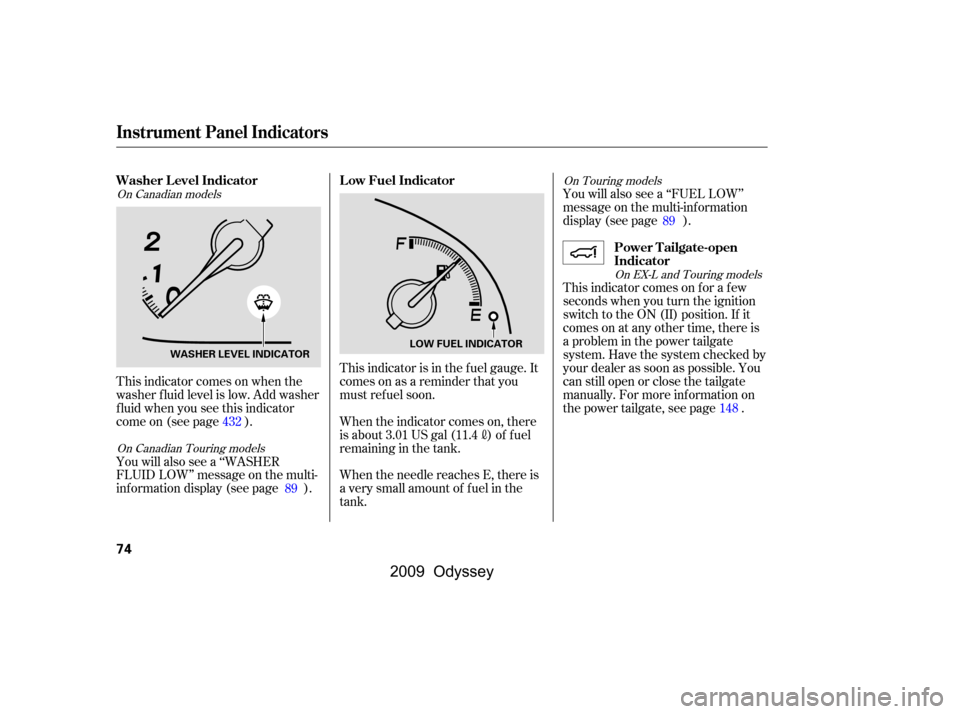 HONDA ODYSSEY 2009 RB3-RB4 / 4.G Manual PDF This indicator comes on when the 
washer f luid level is low. Add washer
f luid when you see this indicator
come on (see page ). 
You will also see a ‘‘WASHER 
FLUID LOW’’ message on the multi