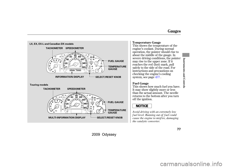 HONDA ODYSSEY 2009 RB3-RB4 / 4.G Manual PDF This shows how much f uel you have. 
It may show slightly more or less
than the actual amount. The needle
returns to the bottom after you turn
of f the ignition. 
This shows the temperature of the 
en