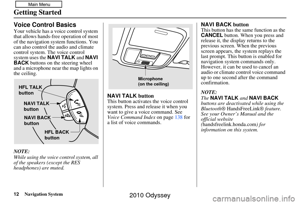 HONDA ODYSSEY 2010 RB3-RB4 / 4.G Navigation Manual 12Navigation System
Getting Started
Voice Control Basics
Your vehicle has a voice control system 
that allows hands-free operation of most 
of the navigation system functions. You 
can also control th
