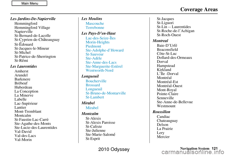 HONDA ODYSSEY 2010 RB3-RB4 / 4.G Navigation Manual Navigation System121
Les-Jardins-De-Napierville
Hemmingford
Hemmingford Village
Napierville
St-Bernard-de-Lacolle
St-Cyprien-de-Ch
âteauguay
St-
Édouard
St-Jacques-le-Mineur
St-Michel
St-Patrice-de-
