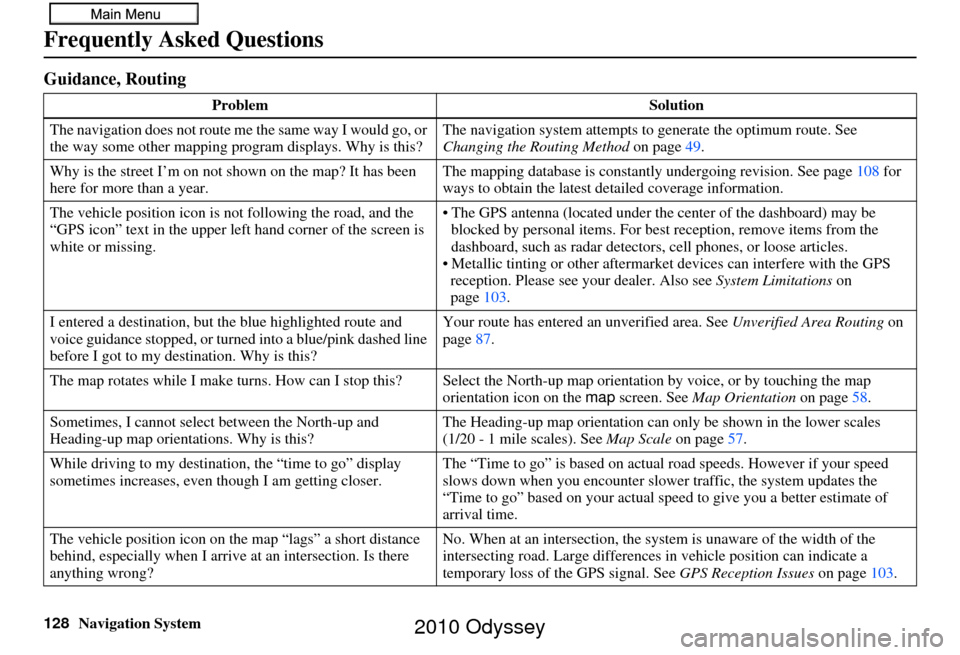 HONDA ODYSSEY 2010 RB3-RB4 / 4.G Navigation Manual 128Navigation System
Frequently Asked Questions
Guidance, Routing
ProblemSolution
The navigation does not route me  the same way I would go, or 
the way some other mapping progr am displays. Why is th