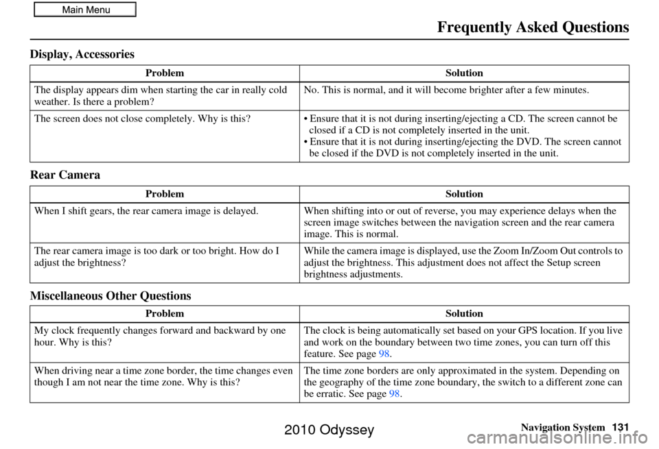 HONDA ODYSSEY 2010 RB3-RB4 / 4.G Navigation Manual Navigation System131
Display, Accessories
Rear Camera
Miscellaneous Other Questions
Problem Solution
The display appears dim when starting the car in really cold 
weather. Is there a problem? No. This