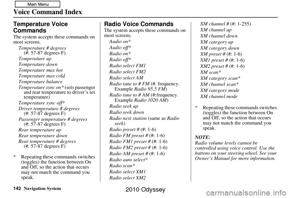 HONDA ODYSSEY 2010 RB3-RB4 / 4.G Navigation Manual 142Navigation System
Voice Command Index
Temperature Voice 
Commands
The system accepts these commands on 
most screens.Temperature # degrees (#: 57-87 degrees F)
Temperature up
Temperature down
Tempe