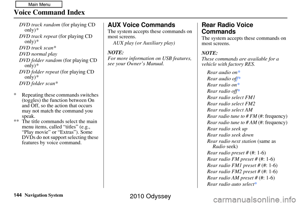 HONDA ODYSSEY 2010 RB3-RB4 / 4.G Navigation Manual 144Navigation System
Voice Command Index
DVD track random (for playing CD 
only) *
DVD track repeat  (for playing CD 
only) *
DVD track scan*
DVD normal play
DVD folder random  (for playing CD 
only) 